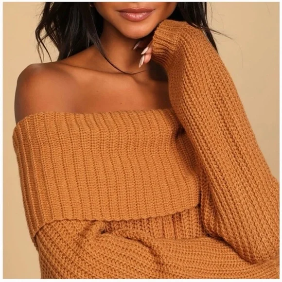 Lulu's Tan Off-the-Shoulder Sweater - Picture 1 of 10